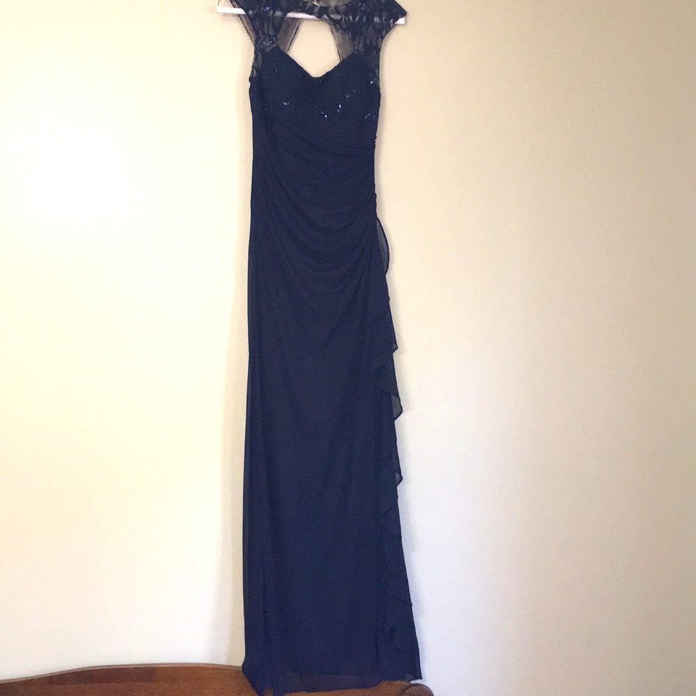 Navy Lace Sequin Prom Dress
